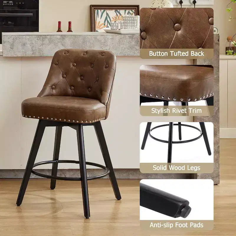 Lot de 2 tabourets de bar pivotants modernes, rembourrés, avec repose-pieds, dossier et pieds en métal, tabourets de comptoir modernes pour bar, îlot de cuisine