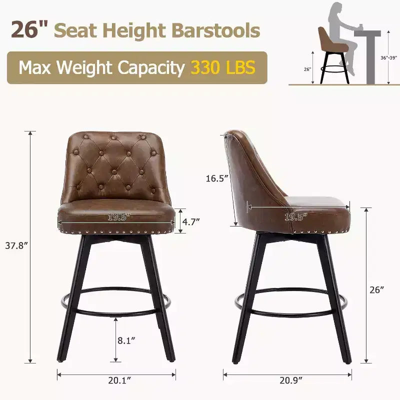 Lot de 2 tabourets de bar pivotants modernes, rembourrés, avec repose-pieds, dossier et pieds en métal, tabourets de comptoir modernes pour bar, îlot de cuisine