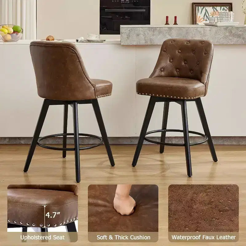 Lot de 2 tabourets de bar pivotants modernes, rembourrés, avec repose-pieds, dossier et pieds en métal, tabourets de comptoir modernes pour bar, îlot de cuisine