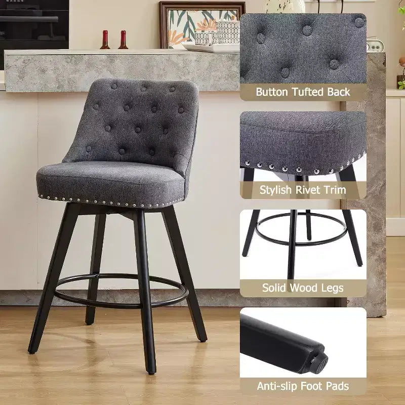 Lot de 2 tabourets de bar pivotants modernes, rembourrés, avec repose-pieds, dossier et pieds en métal, tabourets de comptoir modernes pour bar, îlot de cuisine