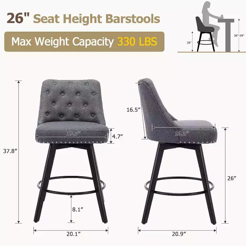 Lot de 2 tabourets de bar pivotants modernes, rembourrés, avec repose-pieds, dossier et pieds en métal, tabourets de comptoir modernes pour bar, îlot de cuisine