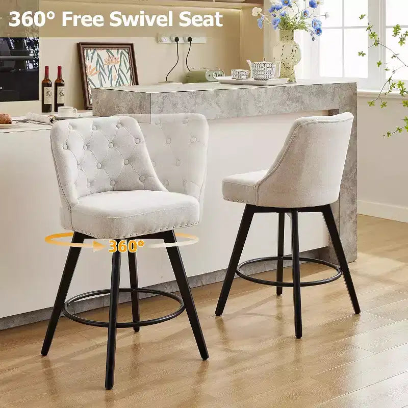 Lot de 2 tabourets de bar pivotants modernes, rembourrés, avec repose-pieds, dossier et pieds en métal, tabourets de comptoir modernes pour bar, îlot de cuisine