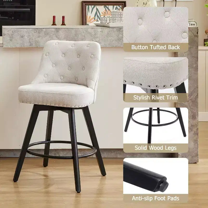 Lot de 2 tabourets de bar pivotants modernes, rembourrés, avec repose-pieds, dossier et pieds en métal, tabourets de comptoir modernes pour bar, îlot de cuisine