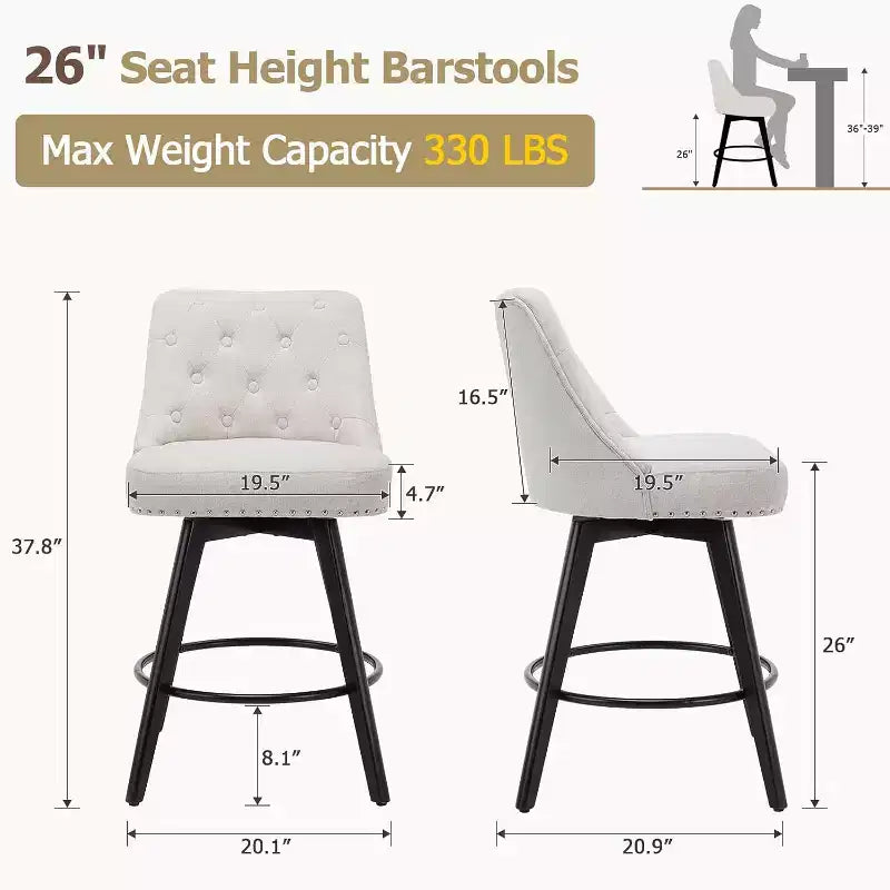 Lot de 2 tabourets de bar pivotants modernes, rembourrés, avec repose-pieds, dossier et pieds en métal, tabourets de comptoir modernes pour bar, îlot de cuisine