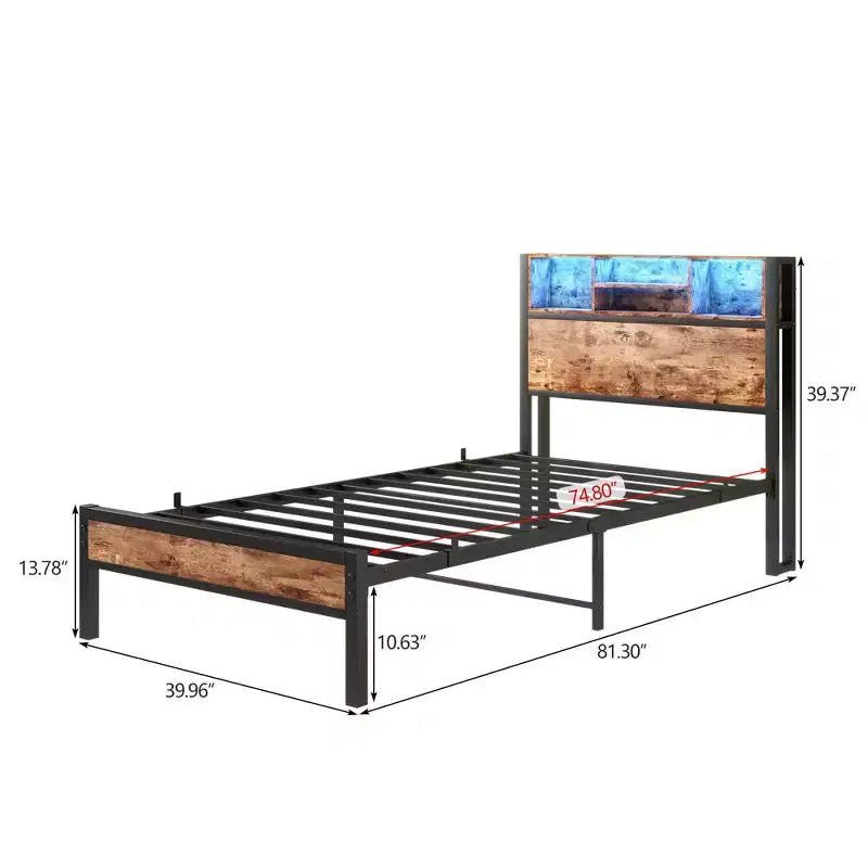 Cadre de lit plateforme moderne en métal, taille double, avec tête de lit de rangement, station de recharge et lumières LED