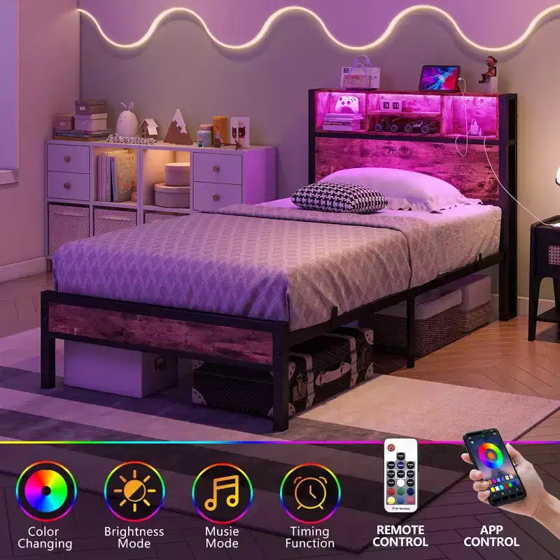 Cadre de lit plateforme moderne en métal, taille double, avec tête de lit de rangement, station de recharge et lumières LED