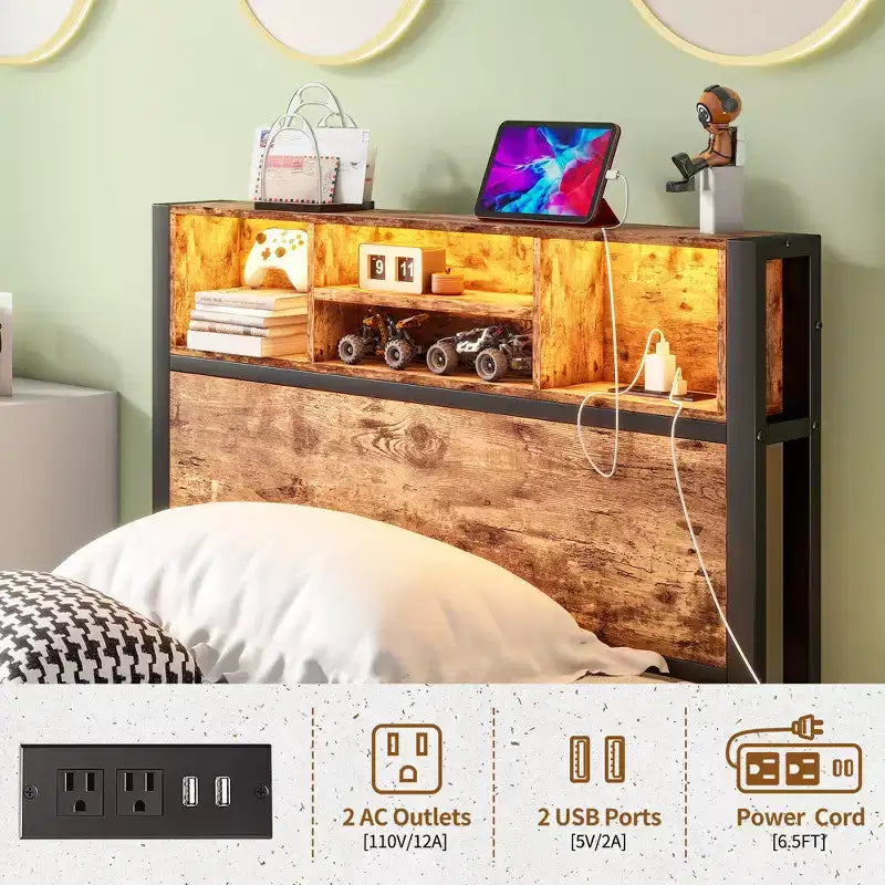 Cadre de lit plateforme moderne en métal, taille double, avec tête de lit de rangement, station de recharge et lumières LED