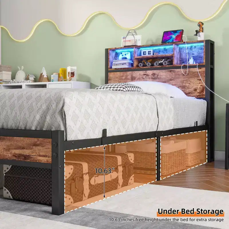 Cadre de lit plateforme moderne en métal, taille double, avec tête de lit de rangement, station de recharge et lumières LED