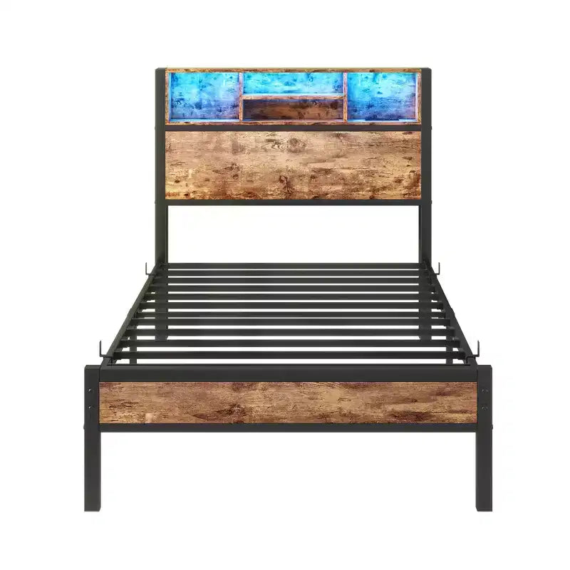 Cadre de lit plateforme moderne en métal, taille double, avec tête de lit de rangement, station de recharge et lumières LED
