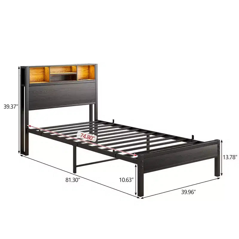 Cadre de lit plateforme moderne en métal, taille double, avec tête de lit de rangement, station de recharge et lumières LED