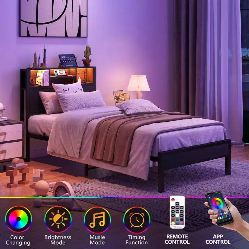 Cadre de lit plateforme moderne en métal, taille double, avec tête de lit de rangement, station de recharge et lumières LED