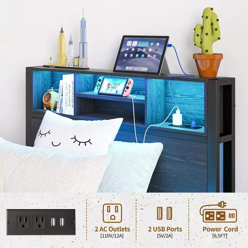 Cadre de lit plateforme moderne en métal, taille double, avec tête de lit de rangement, station de recharge et lumières LED