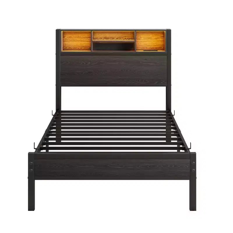 Cadre de lit plateforme moderne en métal, taille double, avec tête de lit de rangement, station de recharge et lumières LED