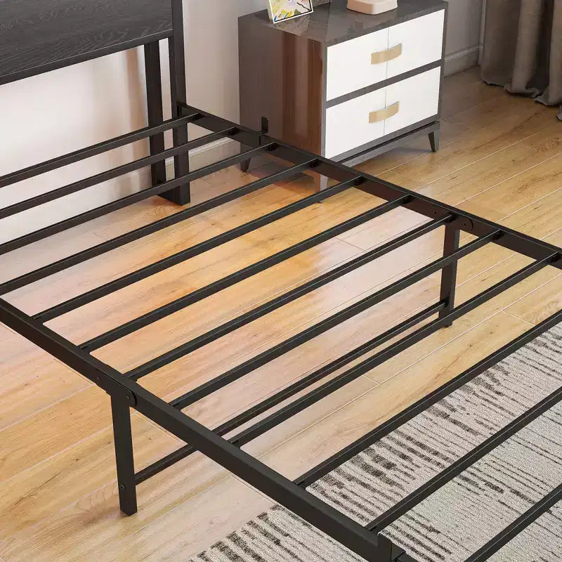 Cadre de lit plateforme moderne en métal, taille double, avec tête de lit de rangement, station de recharge et lumières LED