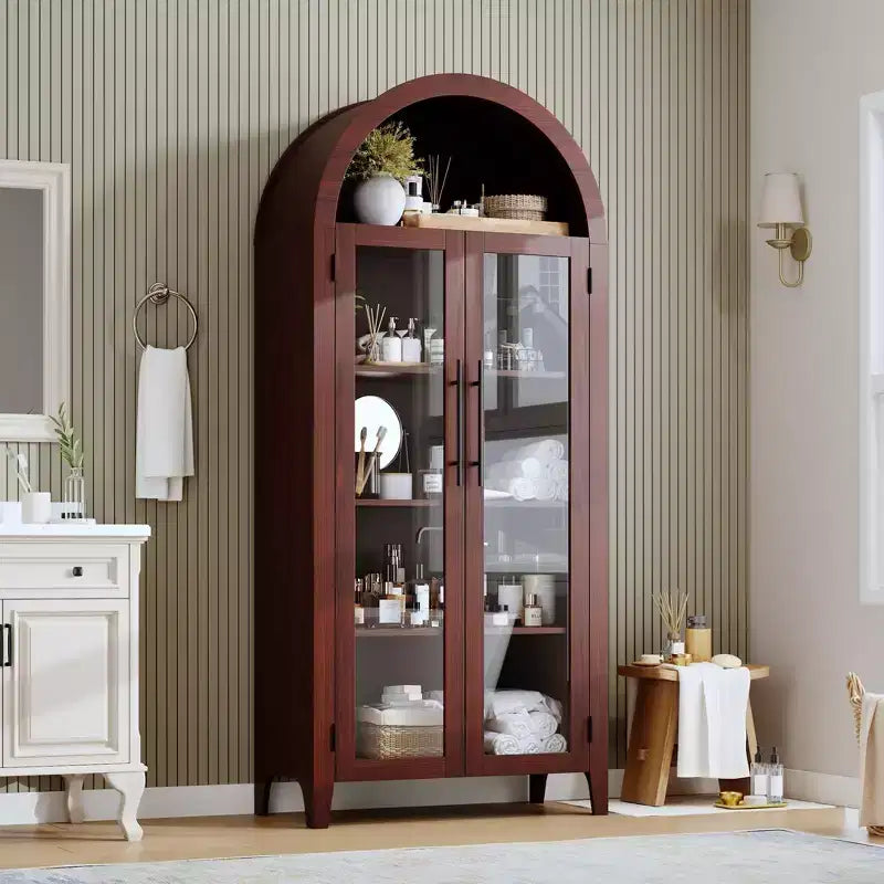 Meuble de cuisine à arcades - Étagère de présentation de ferme à 5 niveaux avec étagère réglable et 2 grandes portes en verre, placard de rangement polyvalent