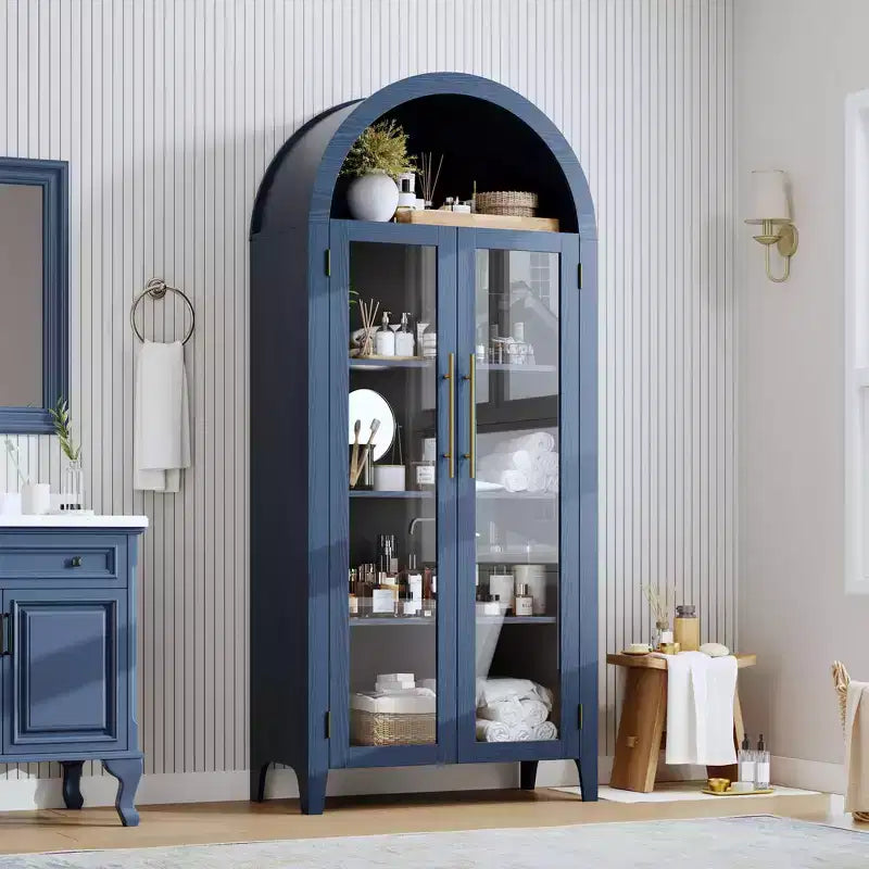 Meuble de cuisine à arcades - Étagère de présentation de ferme à 5 niveaux avec étagère réglable et 2 grandes portes en verre, placard de rangement polyvalent