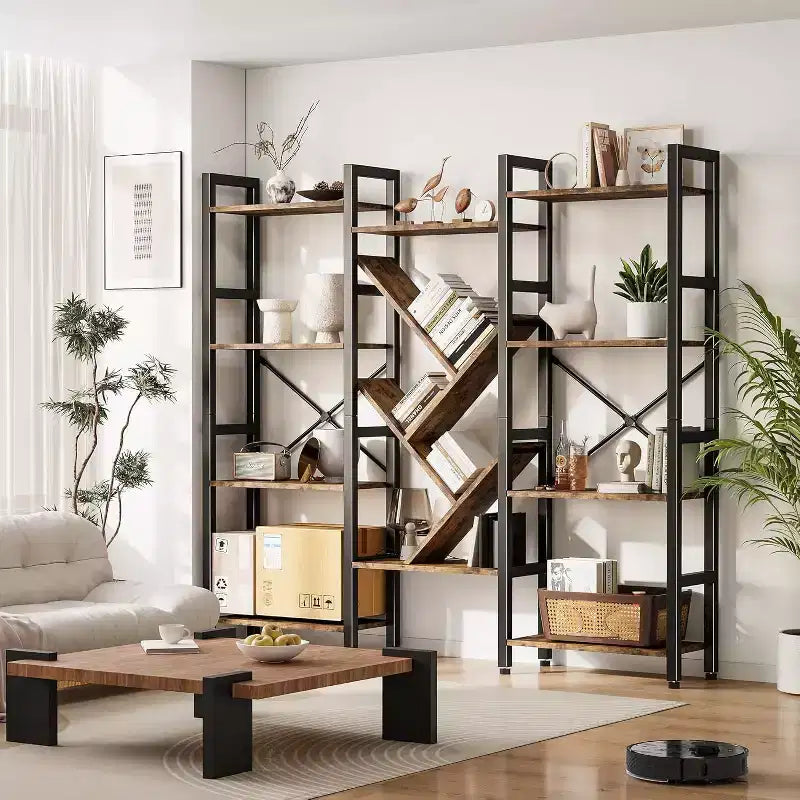 Étagères à 4 niveaux, Grandes bibliothèques en bois, Présentoirs ouverts pour salons et chambres, Bibliothèque moderne avec cadre en métal, Marron.