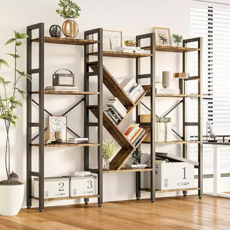 Étagères à 4 niveaux, Grandes bibliothèques en bois, Présentoirs ouverts pour salons et chambres, Bibliothèque moderne avec cadre en métal, Marron.