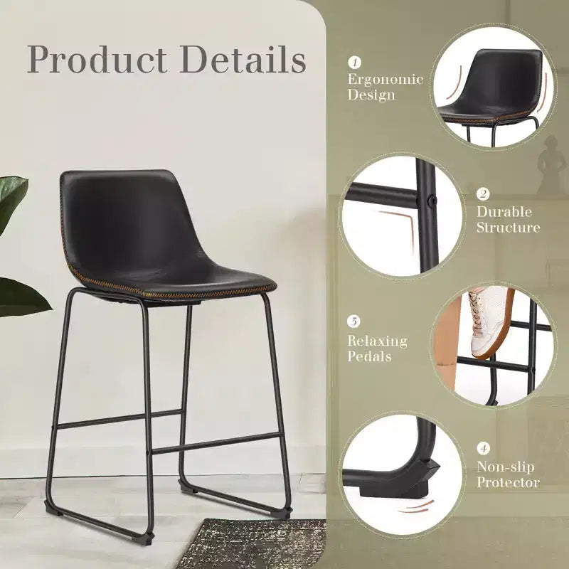 Lot de 2 tabourets de bar industriels rembourrés avec pieds et repose-pieds en métal, chaises de comptoir sans accoudoirs en similicuir pour salles à manger