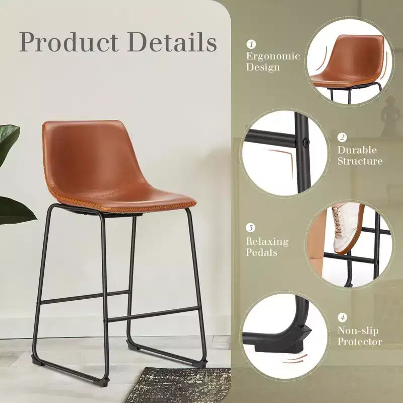 Lot de 2 tabourets de bar industriels rembourrés avec pieds et repose-pieds en métal, chaises de comptoir sans accoudoirs en similicuir pour salles à manger