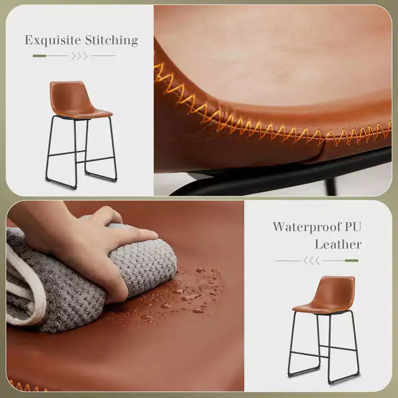 Lot de 2 tabourets de bar industriels rembourrés avec pieds et repose-pieds en métal, chaises de comptoir sans accoudoirs en similicuir pour salles à manger