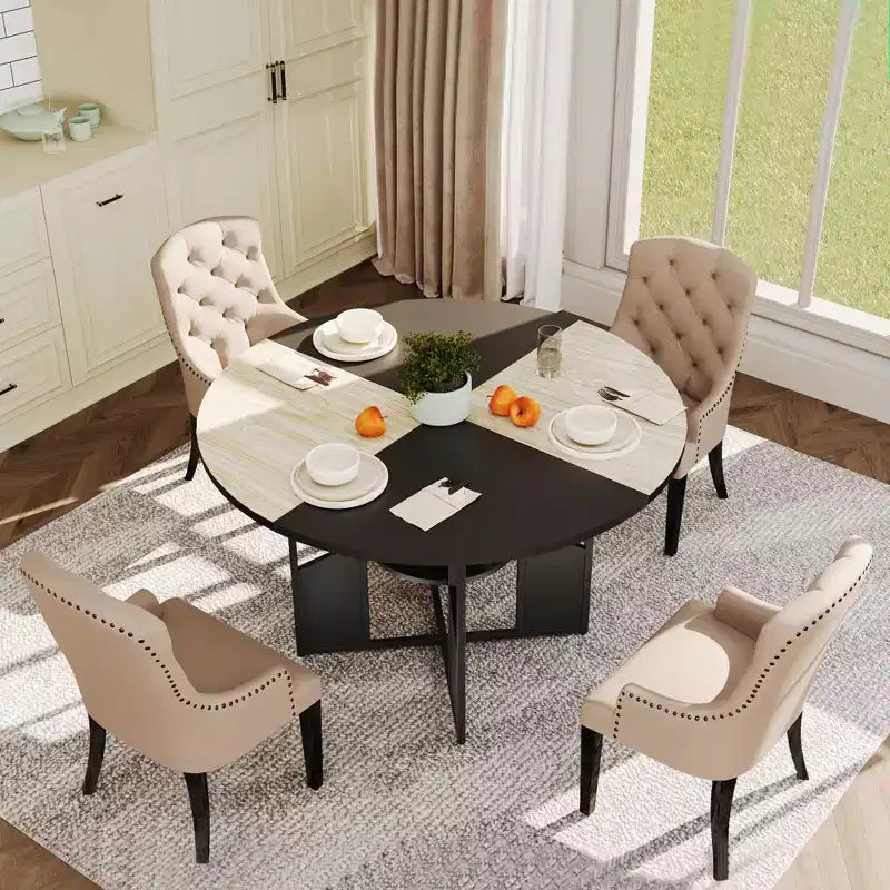 Table à manger ronde pour 4 à 6 personnes - Table de cuisine moderne de style ferme en bois avec étagère de rangement, plateau étanche, meubles de coin repas