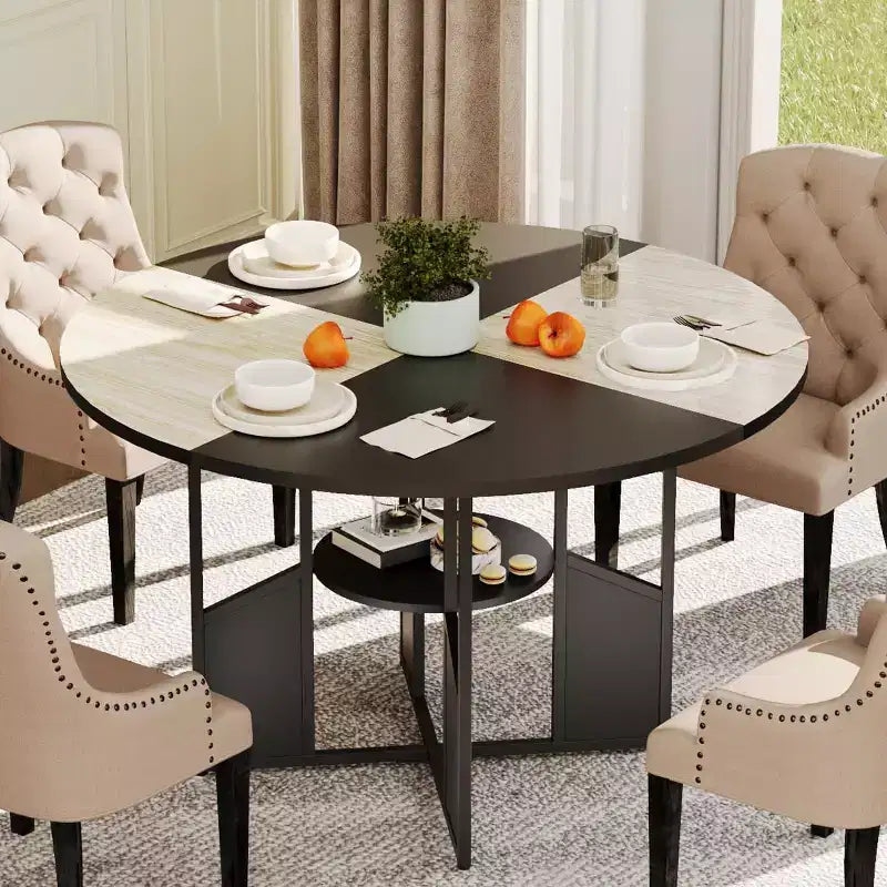 Table à manger ronde pour 4 à 6 personnes - Table de cuisine moderne de style ferme en bois avec étagère de rangement, plateau étanche, meubles de coin repas