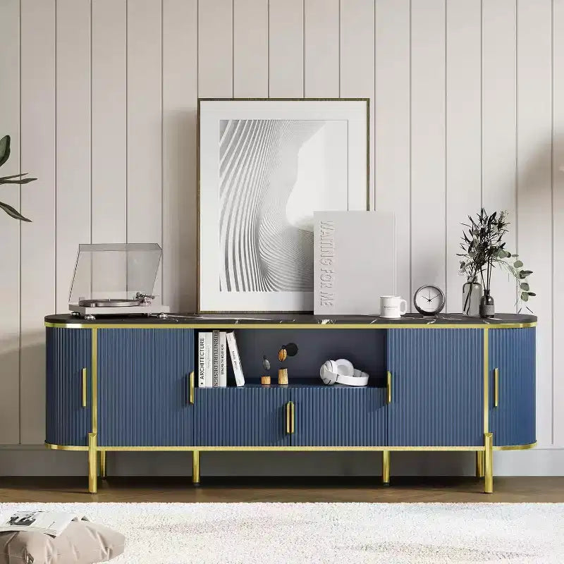 Meuble TV en MDF motif vague, 4 portes, 70" (178 cm), grand centre de divertissement de luxe, étagères réglables