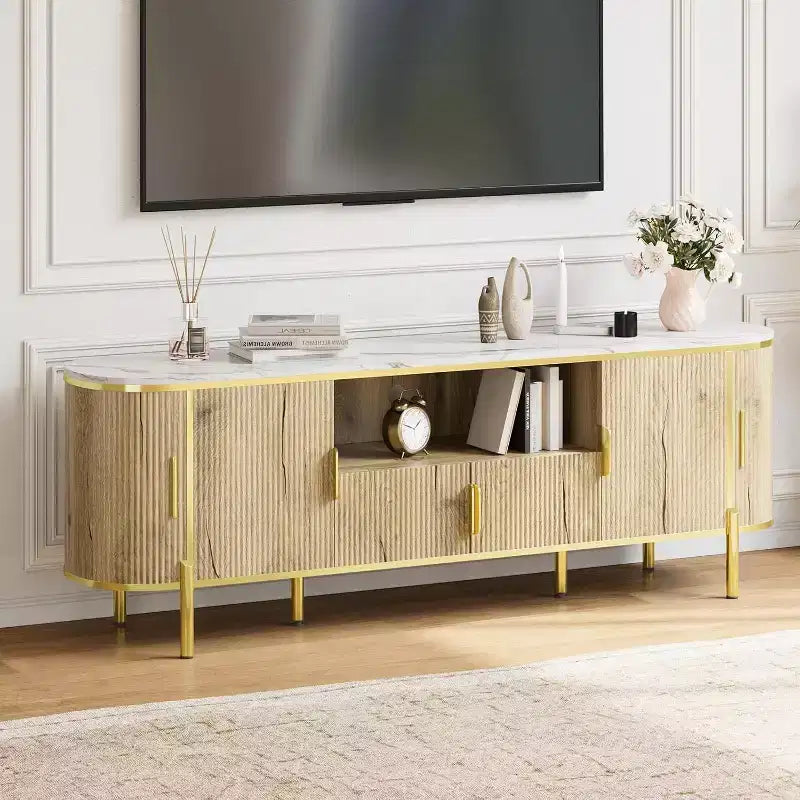 Meuble TV en MDF motif vague, 4 portes, 70" (178 cm), grand centre de divertissement de luxe, étagères réglables