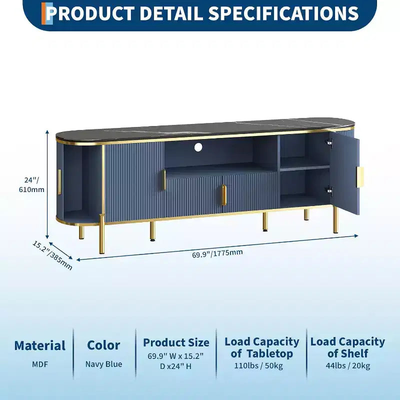 Meuble TV en MDF motif vague, 4 portes, 70" (178 cm), grand centre de divertissement de luxe, étagères réglables