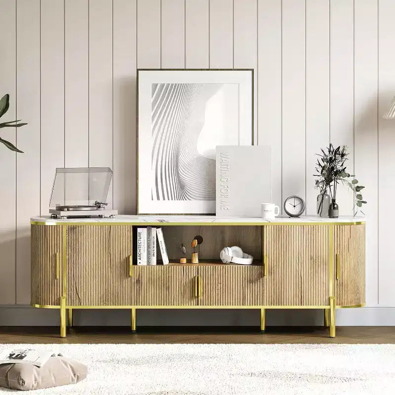 MDF Round Wave Pattern Four-Door TV Stand 70 Large Luxury Entertainment Center, Adjustable Shelves