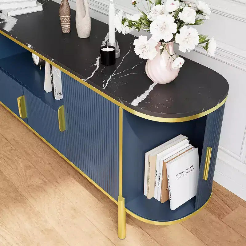 Meuble TV en MDF motif vague, 4 portes, 70" (178 cm), grand centre de divertissement de luxe, étagères réglables