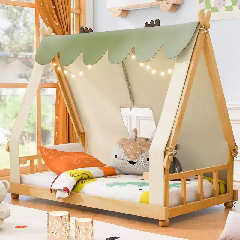 Lits à baldaquin au sol en forme de maison double/double avec tente et décor lumineux, cadre de lit plateforme pour enfants, adolescents, pas besoin de sommier tapissier
