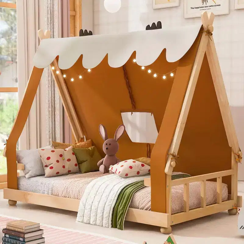 Lits à baldaquin au sol en forme de maison double/double avec tente et décor lumineux, cadre de lit plateforme pour enfants, adolescents, pas besoin de sommier tapissier