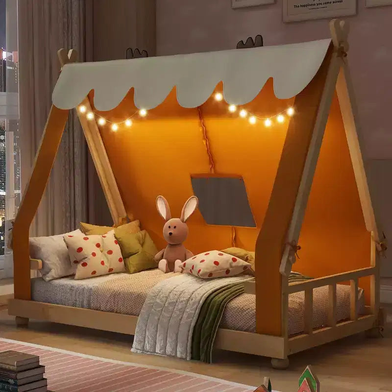 Lits à baldaquin au sol en forme de maison double/double avec tente et décor lumineux, cadre de lit plateforme pour enfants, adolescents, pas besoin de sommier tapissier