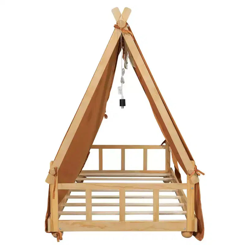 Lits à baldaquin au sol en forme de maison double/double avec tente et décor lumineux, cadre de lit plateforme pour enfants, adolescents, pas besoin de sommier tapissier