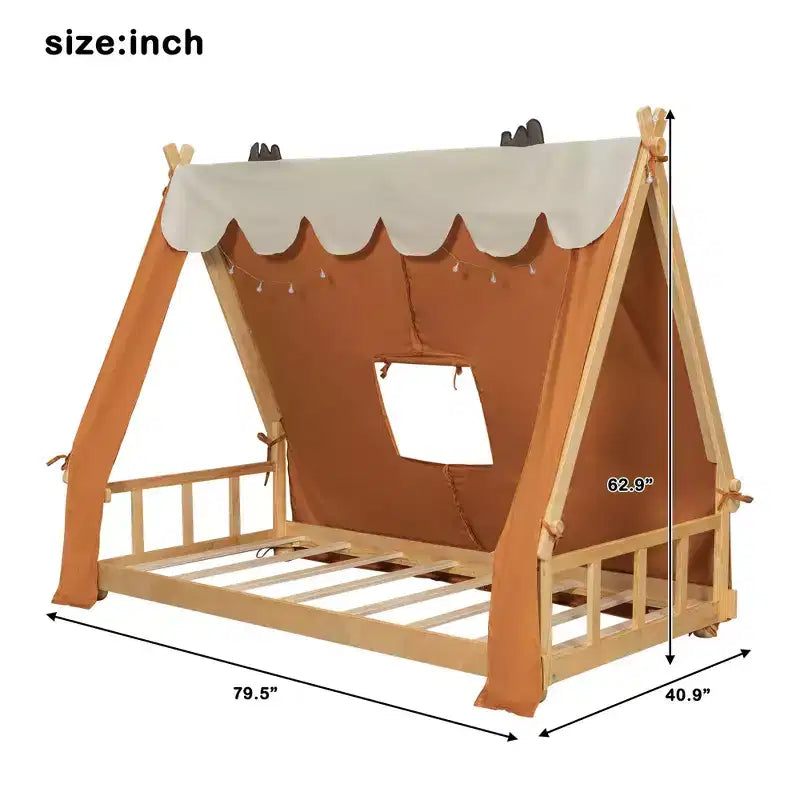 Lits à baldaquin au sol en forme de maison double/double avec tente et décor lumineux, cadre de lit plateforme pour enfants, adolescents, pas besoin de sommier tapissier