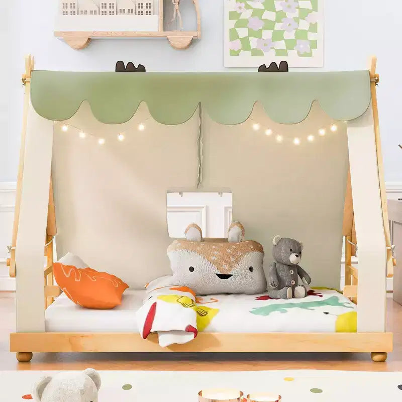 Lits à baldaquin au sol en forme de maison double/double avec tente et décor lumineux, cadre de lit plateforme pour enfants, adolescents, pas besoin de sommier tapissier