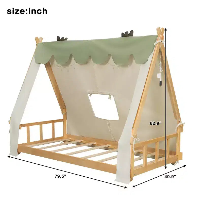 Lits à baldaquin au sol en forme de maison double/double avec tente et décor lumineux, cadre de lit plateforme pour enfants, adolescents, pas besoin de sommier tapissier