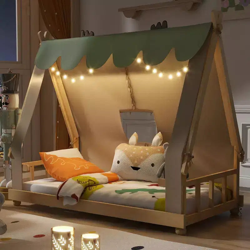 Lits à baldaquin au sol en forme de maison double/double avec tente et décor lumineux, cadre de lit plateforme pour enfants, adolescents, pas besoin de sommier tapissier