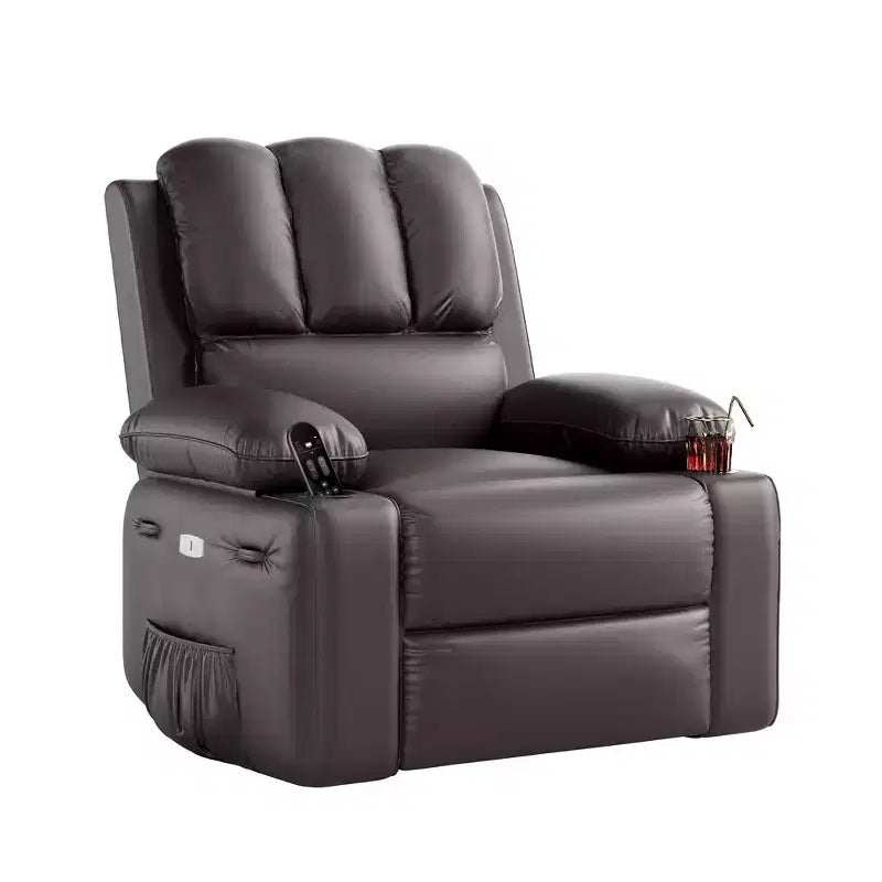 Fauteuil de massage inclinable pour adultes, basculeur pivotant avec chauffage, cuir PU, télécommande, porte-gobelets, poche latérale, large fauteuil inclinable pour salon, chambre à coucher
