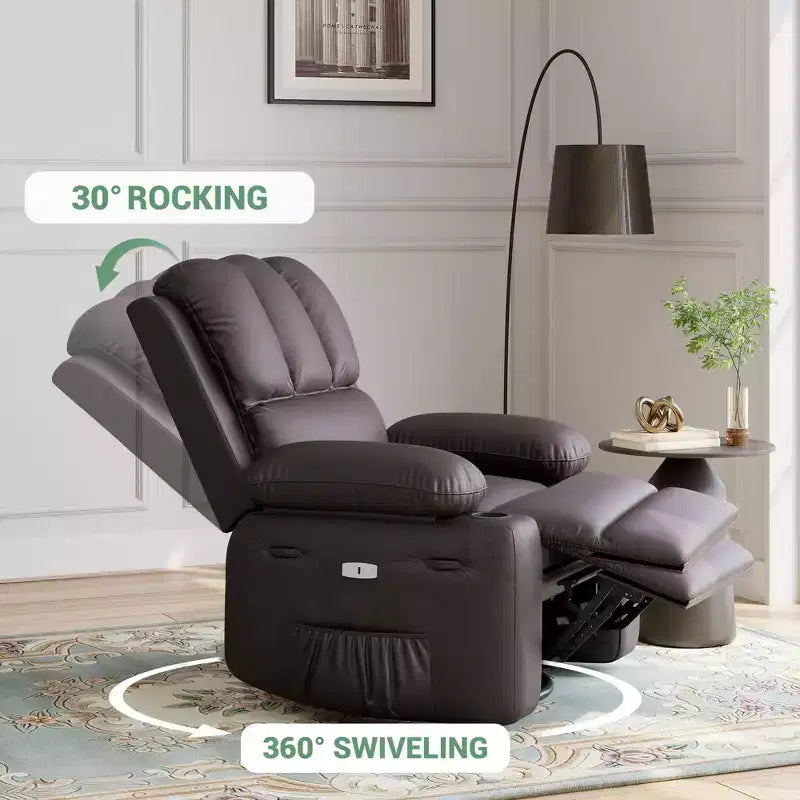 Fauteuil de massage inclinable pour adultes, basculeur pivotant avec chauffage, cuir PU, télécommande, porte-gobelets, poche latérale, large fauteuil inclinable pour salon, chambre à coucher