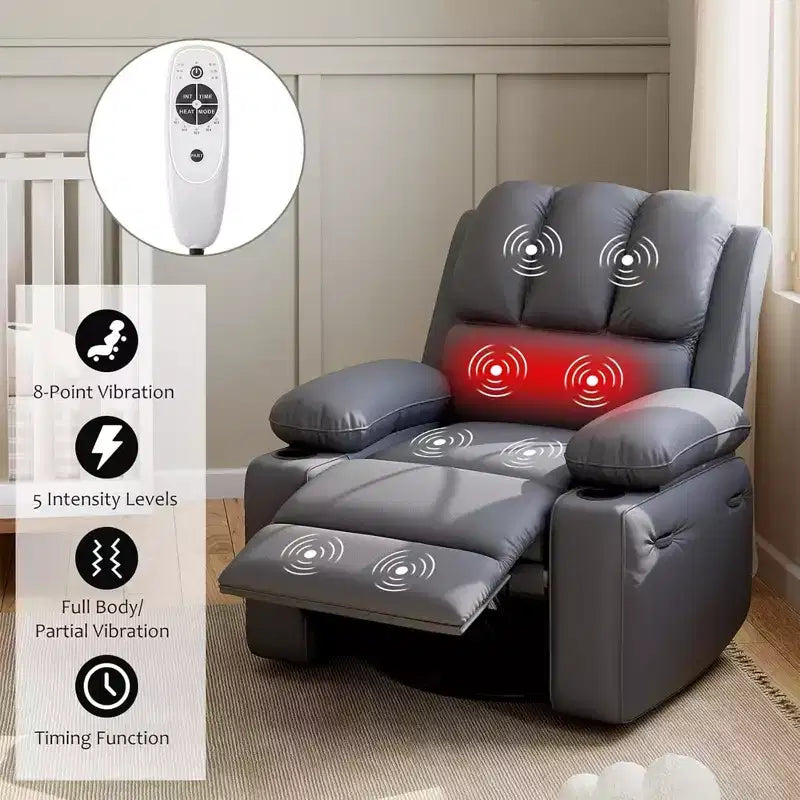 Fauteuil de massage inclinable pour adultes, basculeur pivotant avec chauffage, cuir PU, télécommande, porte-gobelets, poche latérale, large fauteuil inclinable pour salon, chambre à coucher