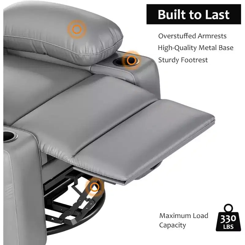Fauteuil de massage inclinable pour adultes, basculeur pivotant avec chauffage, cuir PU, télécommande, porte-gobelets, poche latérale, large fauteuil inclinable pour salon, chambre à coucher