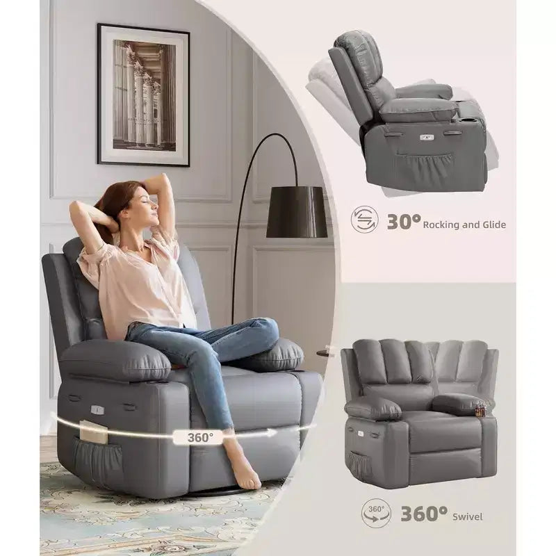 Fauteuil de massage inclinable pour adultes, basculeur pivotant avec chauffage, cuir PU, télécommande, porte-gobelets, poche latérale, large fauteuil inclinable pour salon, chambre à coucher