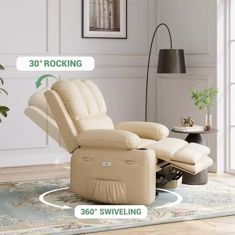 Fauteuil de massage inclinable pour adultes, basculeur pivotant avec chauffage, cuir PU, télécommande, porte-gobelets, poche latérale, large fauteuil inclinable pour salon, chambre à coucher