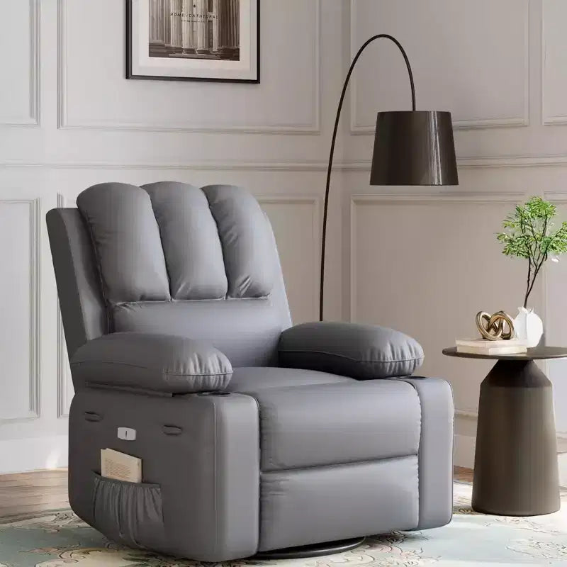 Fauteuil de massage inclinable pour adultes, basculeur pivotant avec chauffage, cuir PU, télécommande, porte-gobelets, poche latérale, large fauteuil inclinable pour salon, chambre à coucher