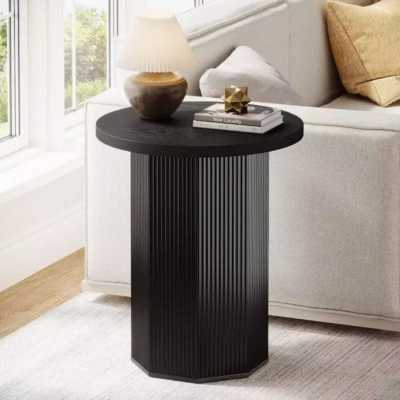 Lantine Round End Table, Farmhouse Pedestal Side Table, Fluted Wooden Nightstand Drink Stand for Living Room, Bedroom,Black