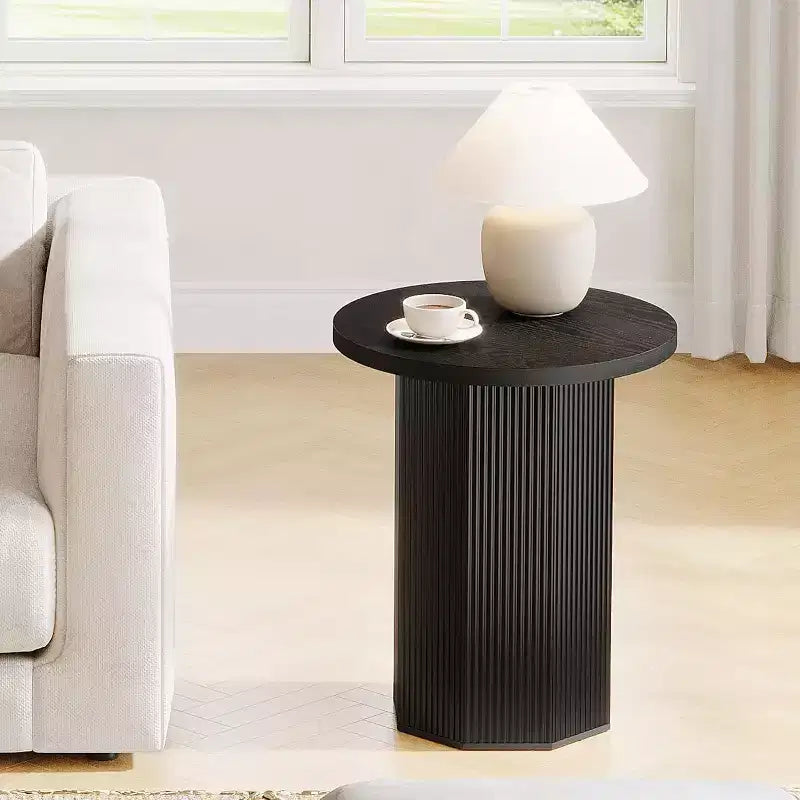 Table d'appoint ronde, Table d'appoint sur pied de ferme, Table de chevet en bois cannelé, Support de boisson pour salon, chambre, noir