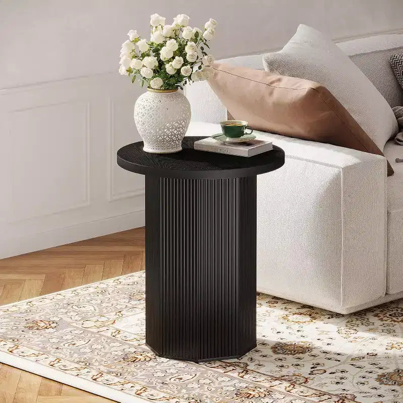 Table d'appoint ronde, Table d'appoint sur pied de ferme, Table de chevet en bois cannelé, Support de boisson pour salon, chambre, noir